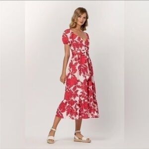 LUSANA Leeta Belted Rosa Midi Dress Wrap Puff Sleeve Cotton Red White Size M/L